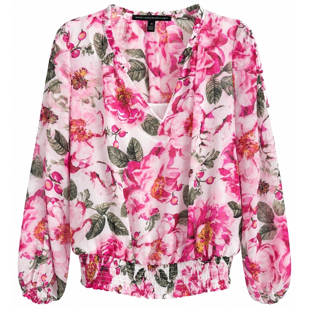 White House Black Market Floral Chiffon Blouse Medium Pink Smocked Waist Tank